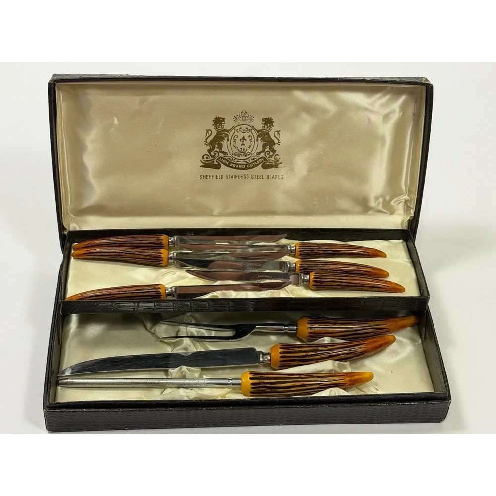 Vintage Lion Brand Sheffield Stainless Steak & Carving Knife Set